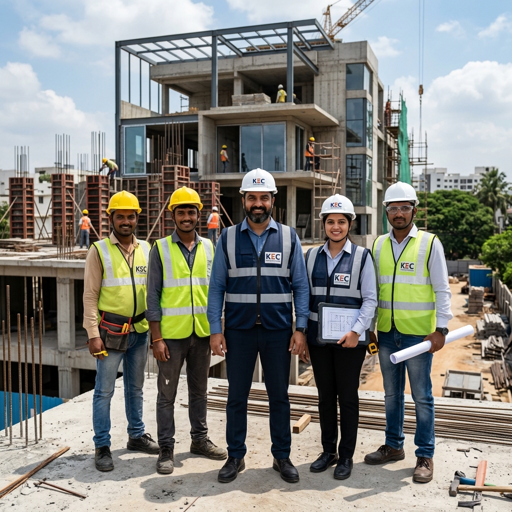 Active premium residential home construction site in India with scaffolding and building blocks