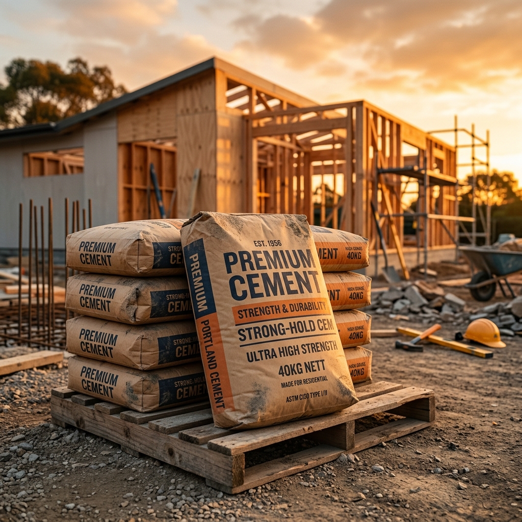 Premium construction cement bags stacked on a residential site